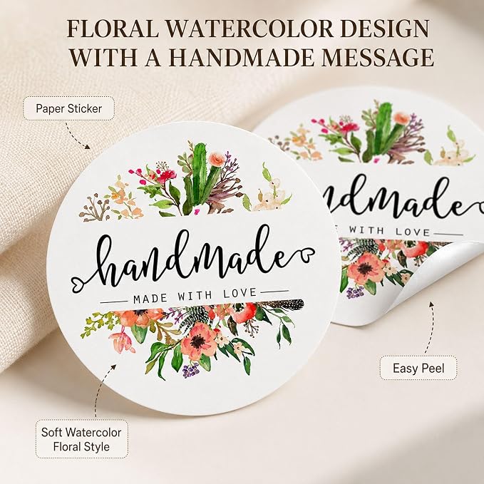Handmade with Love Packaging Stickers: 120 Floral Round Paper Stickers | 120 1.6 Inch Round Stickers For Small Business Packaging Crafters Makers Gift Boxes And Kraft Bags