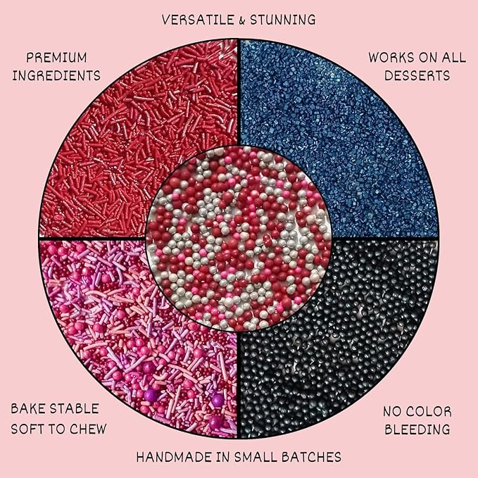 Confect Edible Sprinkles for Cake Decorating - Red Jimmies, Blush Pink Red Gun Metal Silver Pearl Mix with Navy Sparkling Sugar | Vegan, Gluten-Free, Dessert Topping - 5 Oz