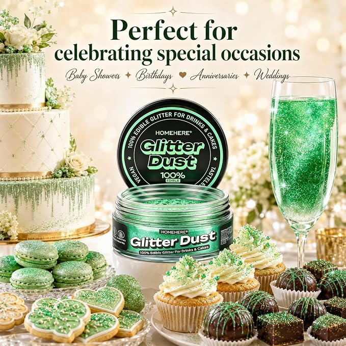 HomeHere Edible Glitter for Drinks & Cakes, 10g Food Grade Disco Diamond Glimmer Dust, Sparkle Powder for Cocktails, Chocolate, Baking Decorations, Vegan& Tasteless (Verdancy)