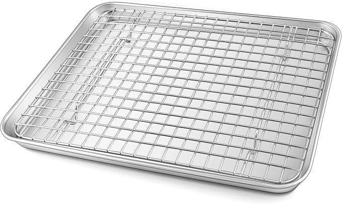 TeamFar Baking Tray with Rack, 12.3 x 9.7 x 1 Inch Stainless Steel Toaster Oven Baking Pan with Grid Rack for Baking Roasting Cooling, Healthy & Heavy-Duty, Oven & Dishwasher Safe, 2pcs