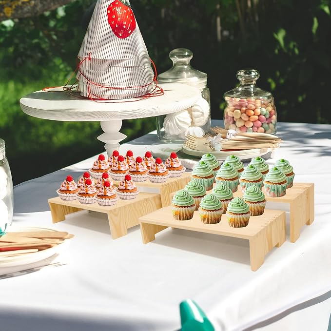 Yikaroeli 4Pcs Large Display Riser Wood Risers Cupcake Display Stand 2 Tier Racks Rectangular, 2 Set Perfume Decorative Display Dessert Stands for Vendors Event (Large/2Pack Nature)