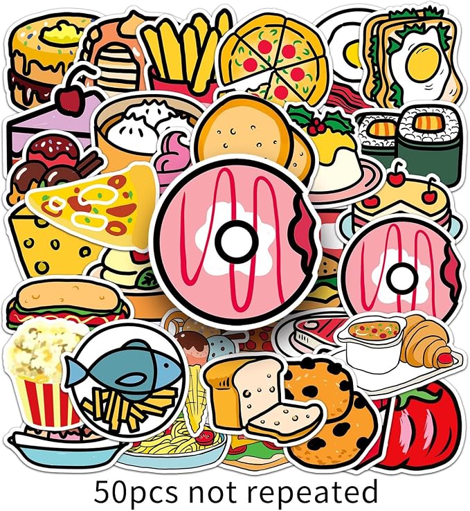 50 Pcs Cute Cartoon Food Stickers - Kawaii Doodle Vinyl Decals for Kids, Teachers, Journal & Laptop Decor - Waterproof Fun Sticker Pack (Cartoon Food)