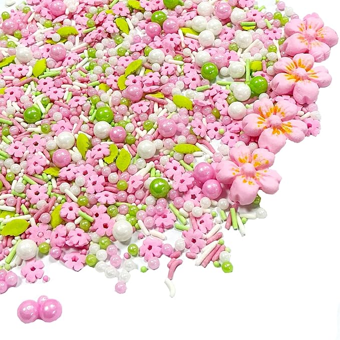 Homipooty Pink Flowers Sprinkles for Cake Decorating Edible Spring White Green Sugar Pearls Baking Cake Cookie Cupcake and Cake Topper Decorations