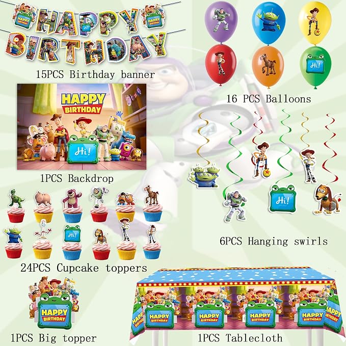 Toy Story 5 Birthday Decorations Set - 64Pcs Ultimate Party Supplies Kit Includes Tablecloth, Backdrop, Banners, Balloons, Hanging Swirls & Cake Toppers for Themed Boys Girls Kids Party