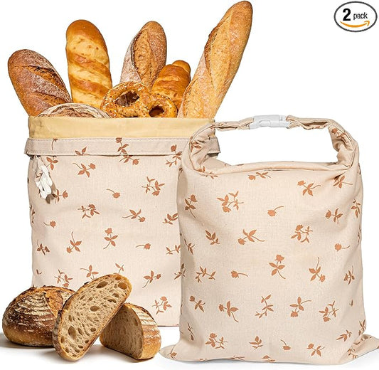 Beeswax Bread Bags for Sourdough, 2 pcs XL Zipper Reusable Bread Bags for Homemade Bread Soudough, Natural Cotton Linen Food Storage Bag for Picnics, Pantry, Long-Lasting Freshness (Rose Pattern)