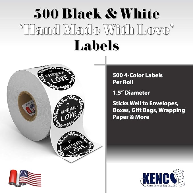 Kenco 1.5" Inch Handmade with Love Stickers, Made in The USA! for Envelopes, Boxes, Packaging and More - 500 Labels Per Roll (2 Pack 1,000 Stickers, Black TIE)