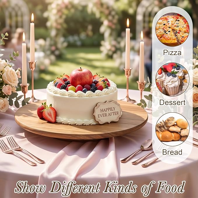 Gisafai 16 Inch Acacia Rotating Cake Stand Rustic Wood Pedestal Stands Turntable with 2 Icing Spatulas 3 Smoothers Wooden Cupcake Dessert Display for Wedding Party Decoration