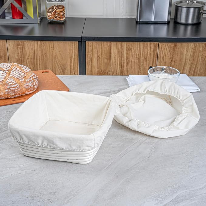 Restaurantware Bread Proofing Basket 9 Inch Square Pack of 1 Rattan Dough Fermentation Basket With Cotton Liners, Oval Banneton Bread Rising Bowl For Home, Commercial, and Artisanal Baking
