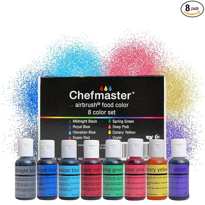 Chefmaster - Airbrush Kit - Airbrush Food Coloring - 8 Pack - True To Shade Vibrant Colors - Works With Any Airbrush Tool, Achieves Amazing Effects and Designs - Fade-Resistant Color - Made in the USA