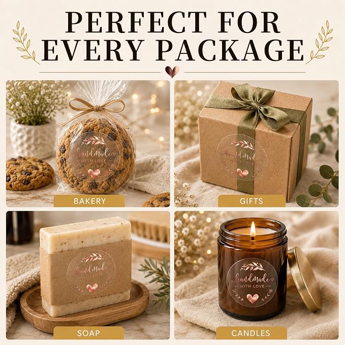 100 Handmade with Love Stickers, Clear Rose Gold Foil Labels for Small Business Packaging, Bakery Boxes, Gift Bags, Cookies, Handmade Crafts & Customer Orders, 1.6 Inch Round