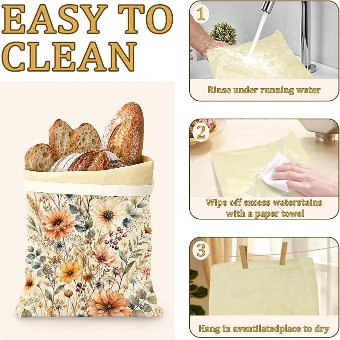 2 Pack Beeswax Linen Boho Flowers Bread Bags, Botanical Leaves Reusable Fresh Keeping Bags for Sourdough & Baguette, Freezable Portable Bread Storage Container 17×13''