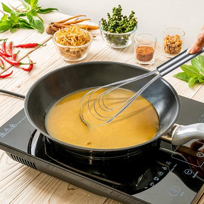Patelai 2 Pcs Flat Whisk Set Stainless Steel 8" and 10" Flat Wire Egg Whisk Dishwasher Portable for Kitchen Cooking Sauce Blending Beating Stirring Mixing