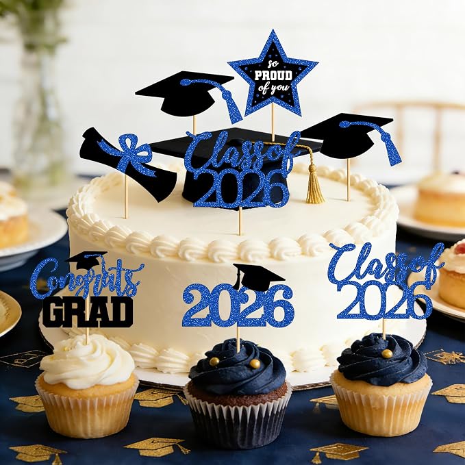 48 PCS Grad Cupcake Toppers, 6 Styles Graduation Cake Topper, Congrats Graduation Decorations 2026, Glittery Black and Blue Cap and Diploma Cake Picks for Grad Decor Party Supplies