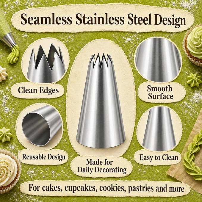 Suuker Large Piping Tips Set, Stainless Steel | 5 Pieces, 1A 1E 1C 9FT 356