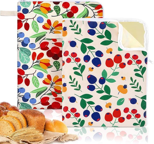 Hahafelt 2 Pack Beeswax Bread Bags with Zipper Seal for Sourdough and Homemade Bread XL Reusable Organic Linen Cotton Beeswax Loaves Food Storage Bag to Keep Fresh(Berry)