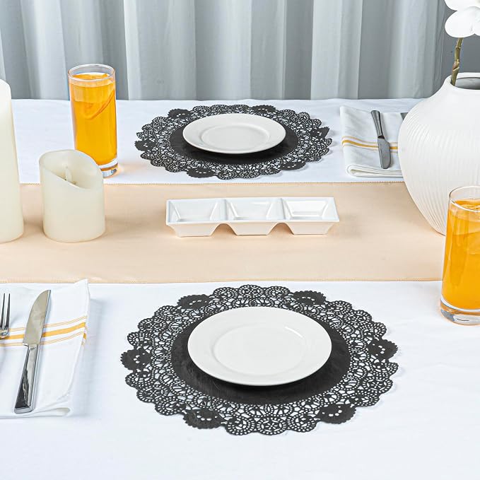 Restaurantware Pastry Tek 12 x 12 Inch Lace Doilies 100 Decorative Tableware Placemats - Disposable Round Black Paper Table Doilies For Birthdays Or Weddings Table Decor