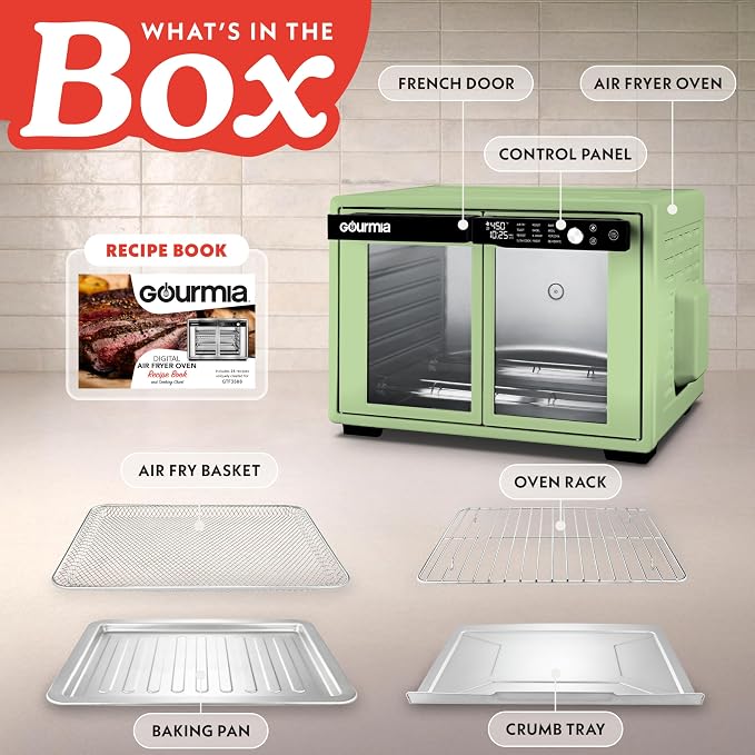 Gourmia French Door Air Fryer Oven - 37 Qt Large Capacity Convection Toaster Oven, FryForce 360°, Digital Display, 12 Cooking Presets, Dehydrate, Fits 13” Pizza, Dishwasher-Safe, Green