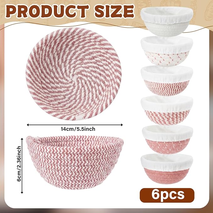 6 Set 5.5 Inch Mini Banneton Bread Proofing Basket Natural Cotton Rope Proofing Bowls Kit with Cloth Liner Small Sourdough Bread Baking Supplies for Home Baking (Nude Pink)