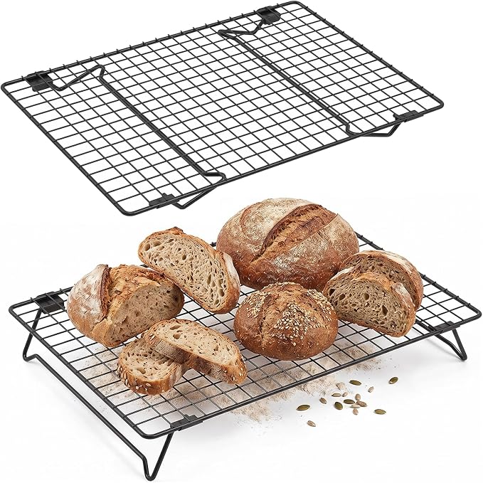 2 Pack Cooling Racks for Cooking and Baking, 17 x 11 Inch 2-Tier Stackable Cookie Cooling Rack Tall Baking Racks, Carbon Steel Roasting Wire Rack for Baking, Grilling Making Jerky (Black)