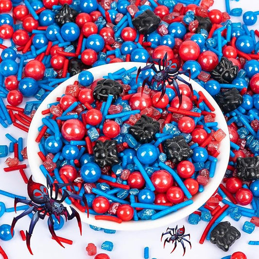 Edible Spider Sprinkles,Black Spider,Hero Sprinkle,Spiderman Sprinkle for Cake,Red Blue Pearls Jimmies and Sanding Sugar Crystals for Desserts Decorating,130g,Cupcakes Cookie Donuts Ice Cream Decorations,Themed Toppers,Birthday,Children's Party Supplies