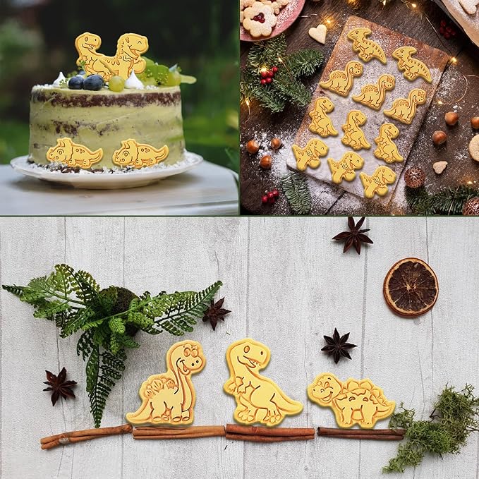 Dinosaur Cookie Cutters With Plunger Stampers Set,8 Piece 3D Dinosaur Embossing Cutters For Biscuit Fondant Cheese Baking
