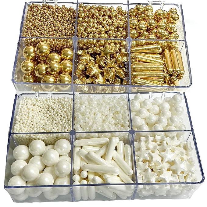 Homipooty Gold and White Sugar Sprinkles 260g/9.16oz Edible Gold and White Pearl Star Sugar Sprinkles for Cake Decorating Wedding，Cookies，Ice Cream, Cupcake Toppers, Christmas Supplies