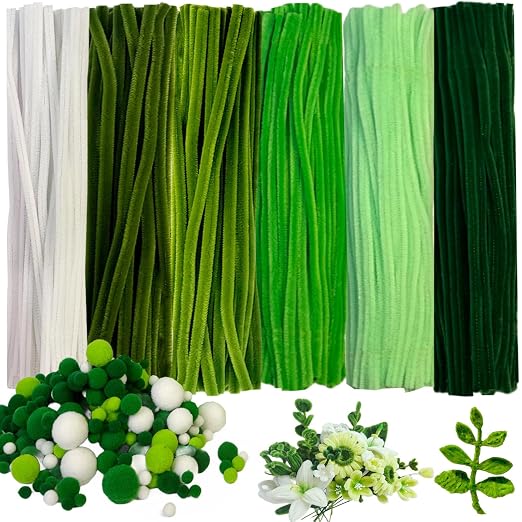 6 Color Green Pipe Cleaners Bulk with Pompoms - 900pcs Craft Kit Fluffy Fuzzy Wire and Pastel Pom Poms Chenille Stems for Arts & Crafts, Flowers School Classroom Christmas Party Supplies