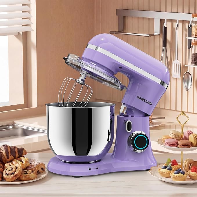 SAMSAIMO 3-IN-1 Electric Stand Mixer, 10-Speed With Pulse Button, Attachments include 6.5QT Bowl, Dough Hook, Beater, Whisk for Most Home Cooks (Purple)