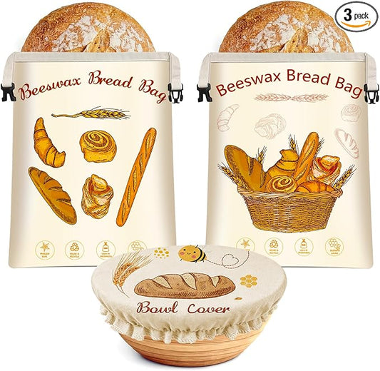 Beeswax Bread Bags for Sourdough, 2 Pack XL Reusable Pure Cotton Organic Beeswax Bread Bag with Bowl Cover, 17 x 13 Inch Bread Bags for Homemade Bread, Keep Fresh, Freezer Safe for Baking, Camping