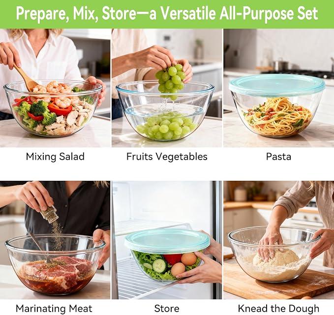 YUANYE 4 Pack Glass Mixing Bowls with Lids Set (3QT/1.7/0.9/0.6QT),Thick Glass Large Salad Bowl Set, Nesting Kitchen Bowls for Serving, Prepping, Cooking and Baking, Dishwasher, Oven,Microwave Safe