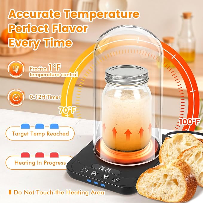 Sourdough Starter Warmer with Glass Dome, Sour Dough Warmer & Glass Cover - 70-100°F Precise 1°F Thermostat Control & 12H Timer Auto Warming ON/Off, Sourdough Warming Mat for 24oz 34oz 40oz Jars