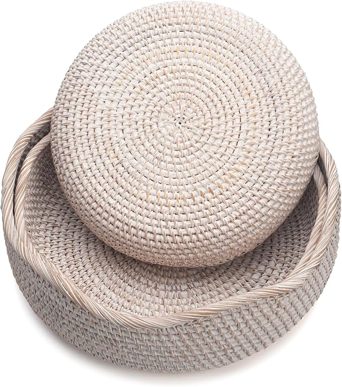 YANGQIHOME Rattan Bread Basket, Round Fruit Baskets, Wicker Storage Bowls, Natural Woven Serving Basket Bowls, Decorative Baskets for Kitchen Counter Organizing (Washwhite S/M/L)