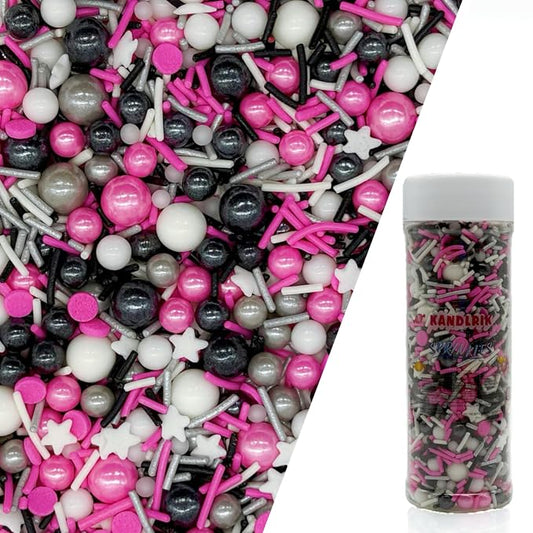 Silver & Black & Pink & White Sprinkles Mix Size Pearls Mouse Rock Themed Cake Decorations Cupcake Toppers Perfect for Wedding Valentine Supplies 4.58OZ