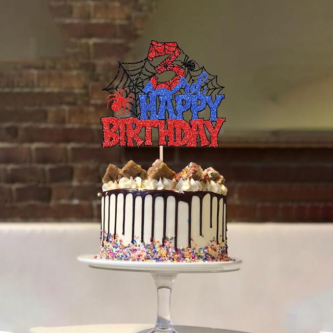 1 PCS Happy 3rd Birthday Cake Topper Glitter Spider Web Cheers to 3 Years Third Birthday Cake Pick Superhero Spider Party Decorations for Boys Girls Happy 3rd Birthday Party Cake Decorations Supplies