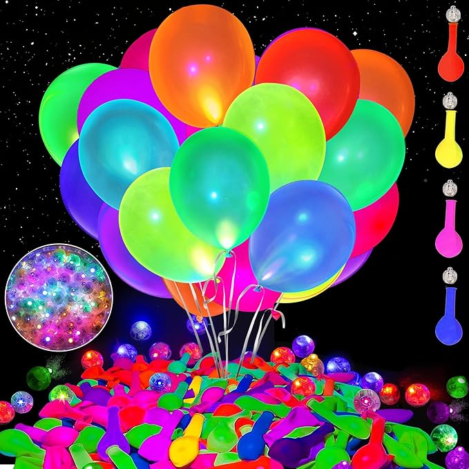 100pcs LED Glow Balloons Set Includes 50 PCS LED Round Mini Balloon Lights and 50 PCS UV Neon Balloons Glow in the Dark for Birthday Decorations Wedding Decoration Supplies