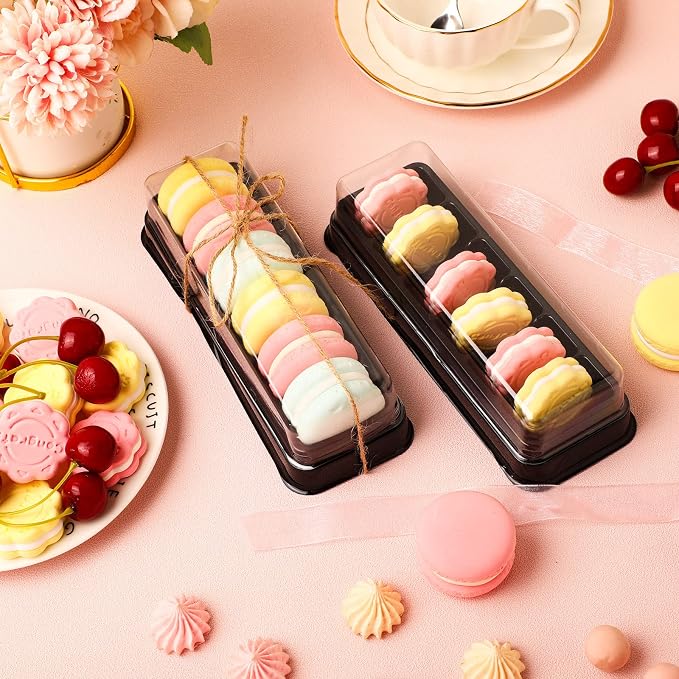 Remerry 100 Pcs Macaron Boxes with Clear Lids Bulk Macaroon Container Macaroon Packaging Boxes with 6 Grid Christmas Party Favors for Baby shower Wedding Bakery, 7.6 x 2.8 x 1.9 Inches