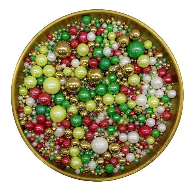 Edible Christmas Mixed Colour Sugar Pearls Sprinkles Candy Mix Size Pearls Cake Decorations Cupcake Toppers Decorating Perfect for Wedding Party Valentine Christmas Supplies 4.58OZ