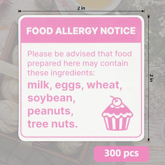 2"x2" 300pcs Square Food Allergy Stickers Waterproof for Party, Restaurants, Allergen Warning Stickers for Food, Kitchen