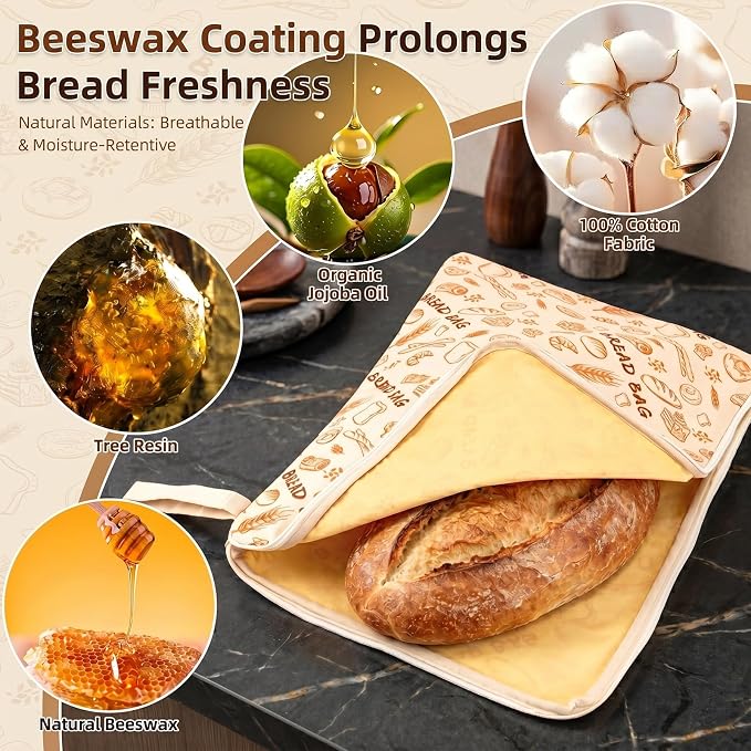 Premium XL Beeswax Bread Bags for Sourdough (17"x13", 2 Pack) - Premium Reusable Organic Linen Storage, Keep Fresh for Homemade Bread, Freezer Safe, L-Shape Wide Zipper for Easy Loading