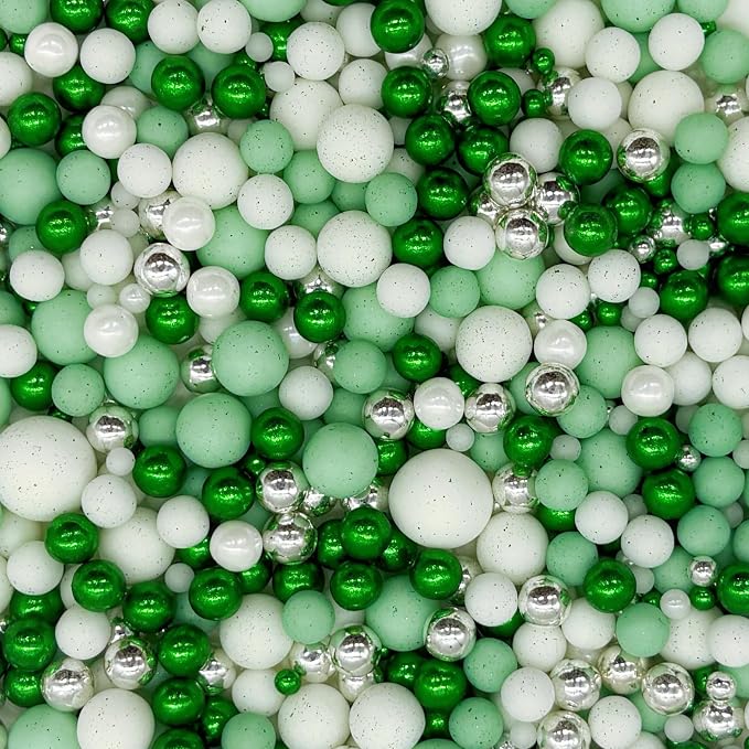 Edible Green Series & White Sugar Pearls Sprinkles Candy Mix Size Pearls Cake Decorations Cupcake Toppers Decorating Perfect for Wedding Party Valentine Supplies 4.58OZ