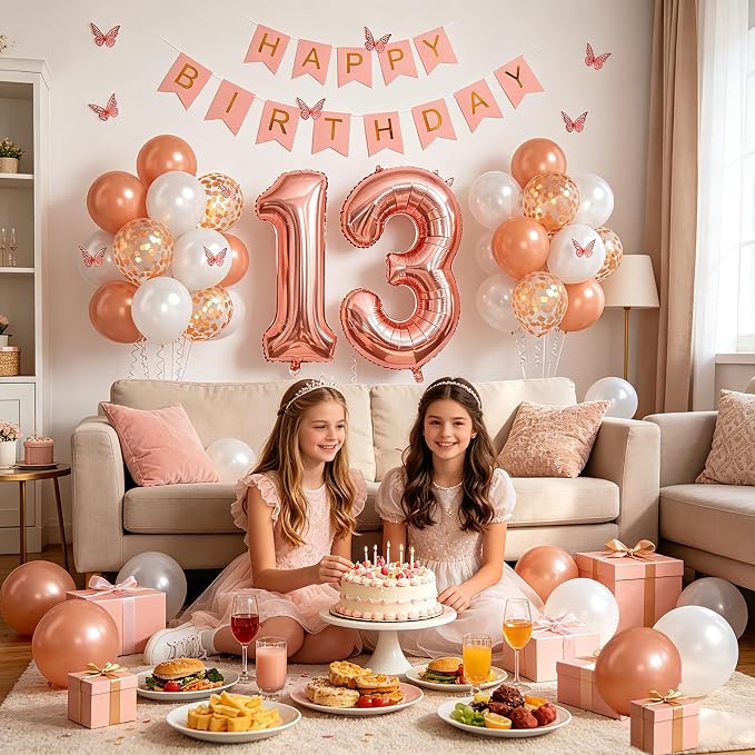 13th Birthday Decorations For Girls -Rose Gold Pearl White Balloons, 32 Inch Rose Gold "13" Balloon, 3D Butterflies Stickers, Happy Birthday Banner For Teen Girl 13th BD Decorations