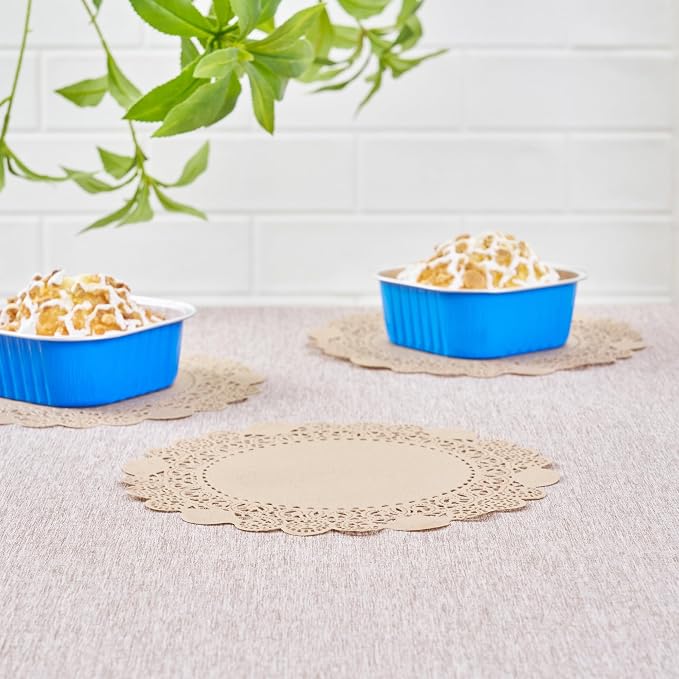 Pastry Tek 8 x 8 Inch Paper Lace Doilies, 100 Disposable Table Doilies - Elegant Lace Finish, Long Lasting, Kraft Paper Doily, for Pastries, Cupcakes, Desserts - Restaurantware
