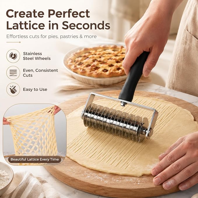 Pastry Lattice Roller Cutter, Stainless Steel Multi-Wheel Dough Cutter with Comfortable Grip Handle, Pie Crust Strip Cutters for Pastry, Pizza Dough, Bread & Beef Wellington