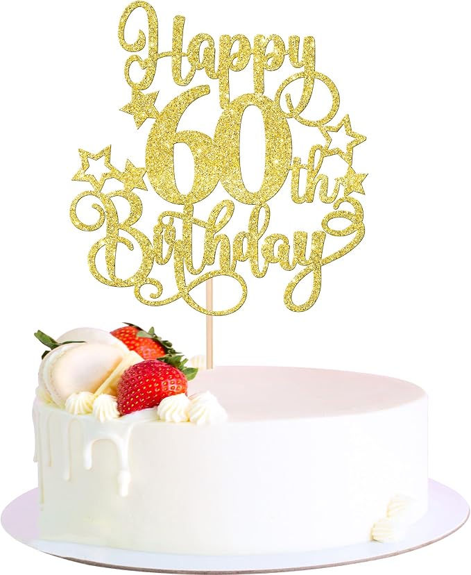 1 PCS Happy 60th Birthday Cake Topper Glitter Cheers to 60 Years Birthday Cake Pick Hello 60 Fabulous Cake Decoration for Happy 60th Birthday Anniversary Party Decorations Supplies Gold