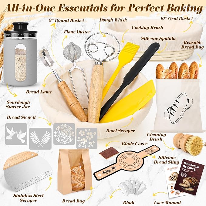 Sourdough Starter Kit with Sourdough Starter Jar, 9"Round and 10"Oval Rattan Banneton Bread Proofing Basket Set, Sourdough Baking Tools, Bread Making Supplies Gift for Bakers
