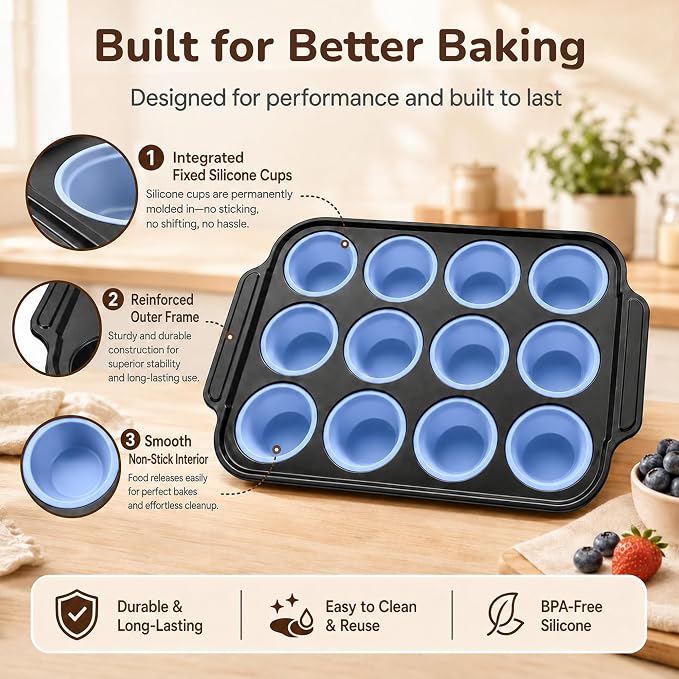 Silicone Muffin Pans for Baking with Metal Reinforced Frame, Muffin Tin Egg Bites Mold 12-Cup Regular Size, Nonstick Muffin Cups Tray Easy to Pop Cupcake Pan for Oven & Dishwasher Safe
