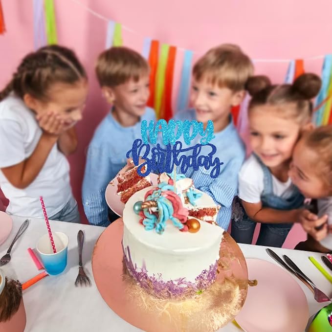 Gyufise 1Pcs Happy Birthday Cake Topper Glitter Cake Pick for Celebrating Happy Birthday Anniversary Theme Party Cake Decorations Supplies Blue