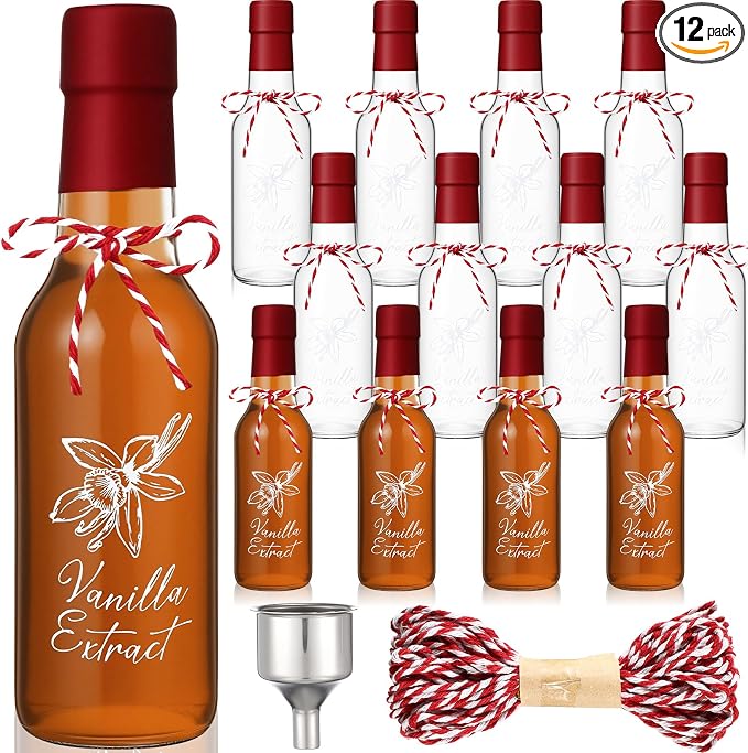 Reallnaive 12 Sets Vanilla Extract Bottles Sets 5 oz Clear Glass Bottles with Tags and Twine and Funnel for Home Brewing Wedding Baby Shower Party Favors