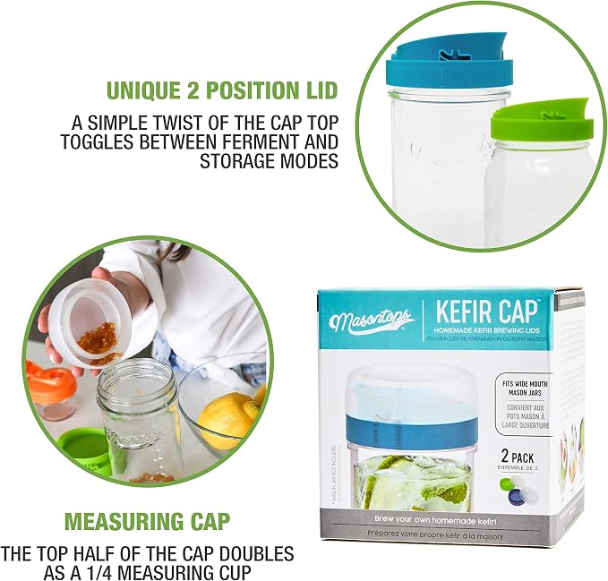 Masontops kefir lid mason jar lids wide mouth mason jar lids living culture grain drainer starter kit for home fermentation 2 packs