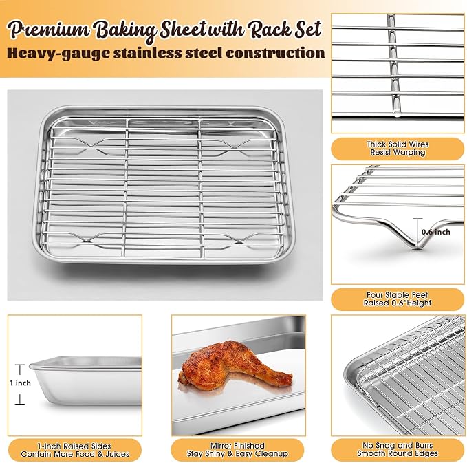 E-far Small Metal Toaster Oven Tray with Rack Set, 9.4”x7.3” Baking Sheet Broiling Pan with Stainless Steel Wire Cooling Rack, Non-Toxic Compact Bakeware for Toaster Oven - Dishwasher Safe